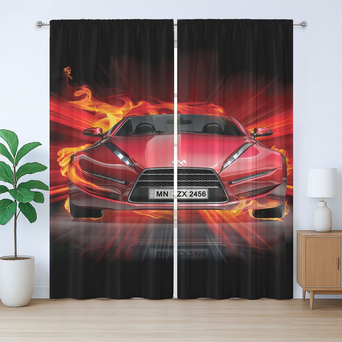 ABAKUHAUS Rustiek Autogordijn, Vlammen Vuur Auto die Snel Rijdt, met Bandjes voor de Woonkamer met Lussen en Haken, 280 x 175 cm, Rood Oranje Zwart