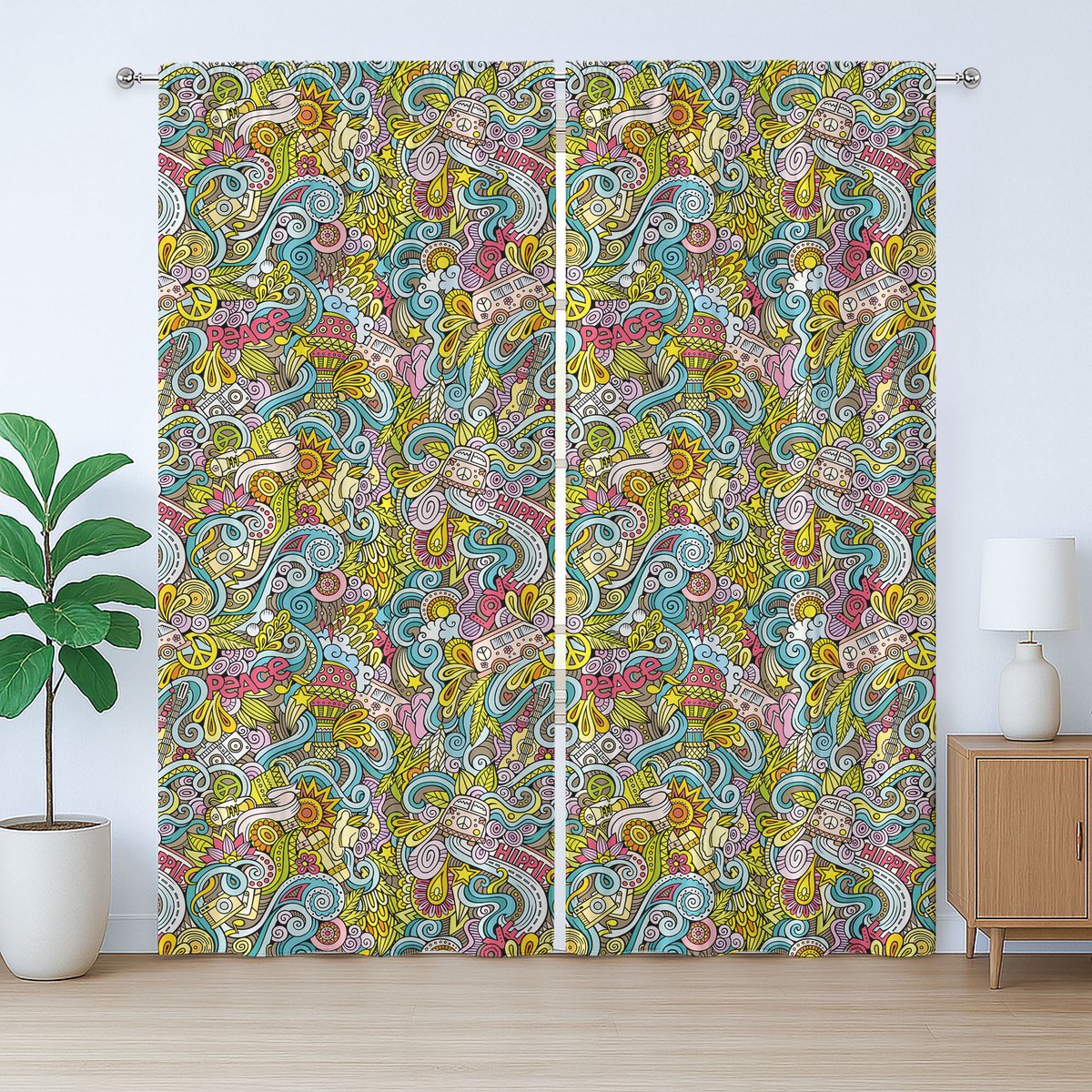 ABAKUHAUS Kleurrijk rustiek gordijn, hippie-stijl, met lussen en haken voor de woonkamer, 280 x 175 cm, geel, roze, turquoise