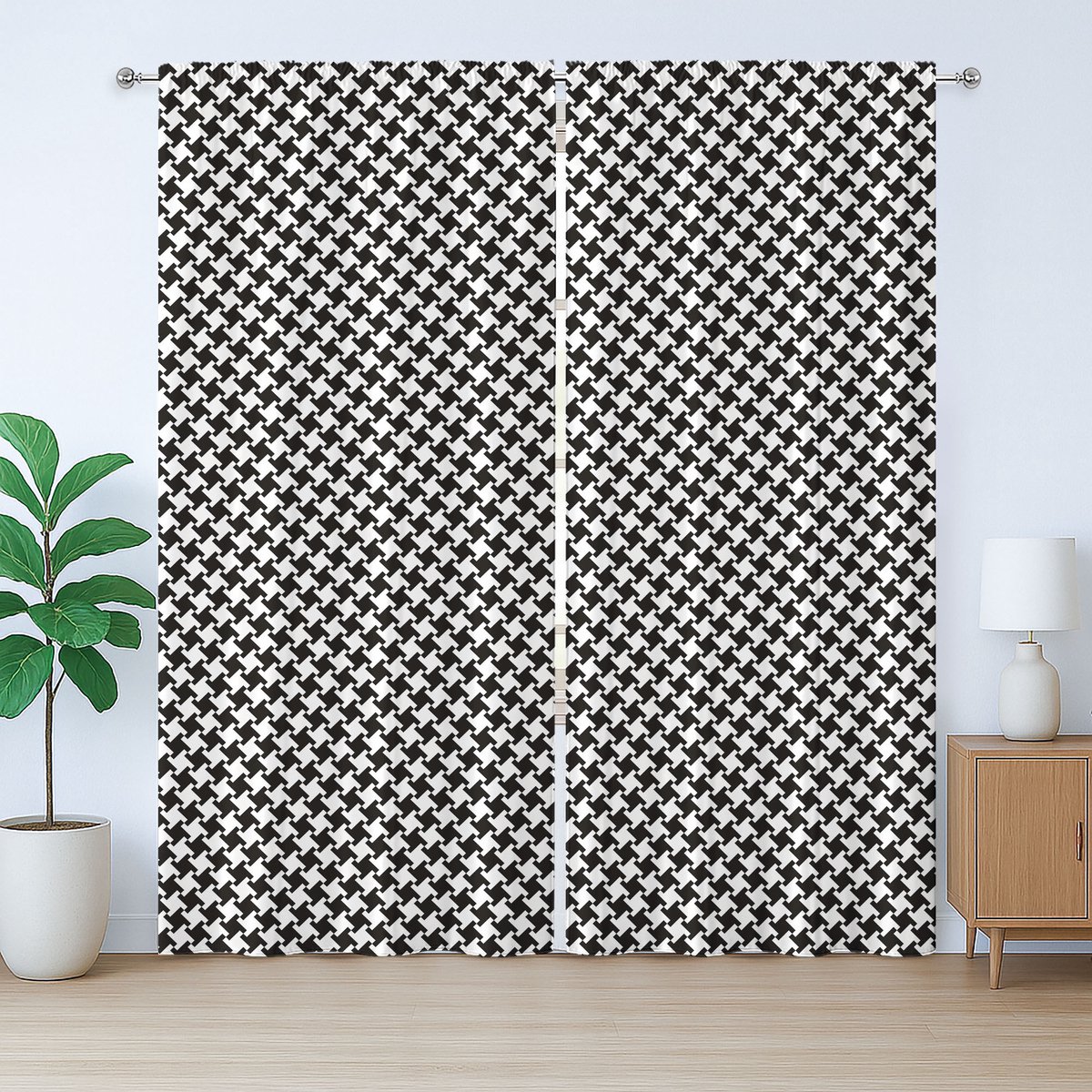 ABAKUHAUS Rustiek gordijn met pied-de-poulepatroon, klassiek en eenvoudig ornament, met lussen en haken , 280 x 245 cm, antracietgrijs en wit