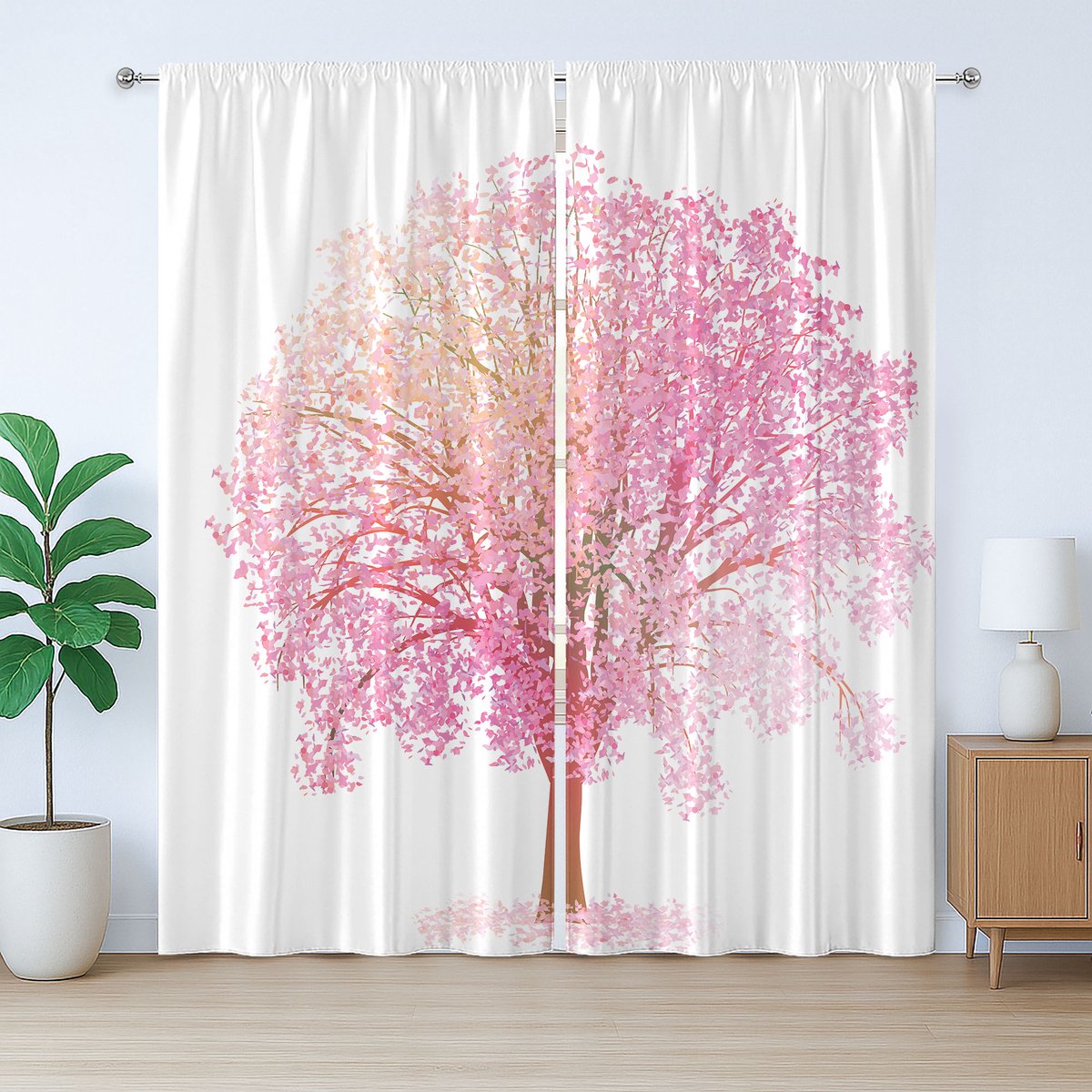 ABAKUHAUS Rustiek boomgordijn, kersenbloesempatroon, met lussen en haken voor de woonkamer, 280 x 225 cm, roze