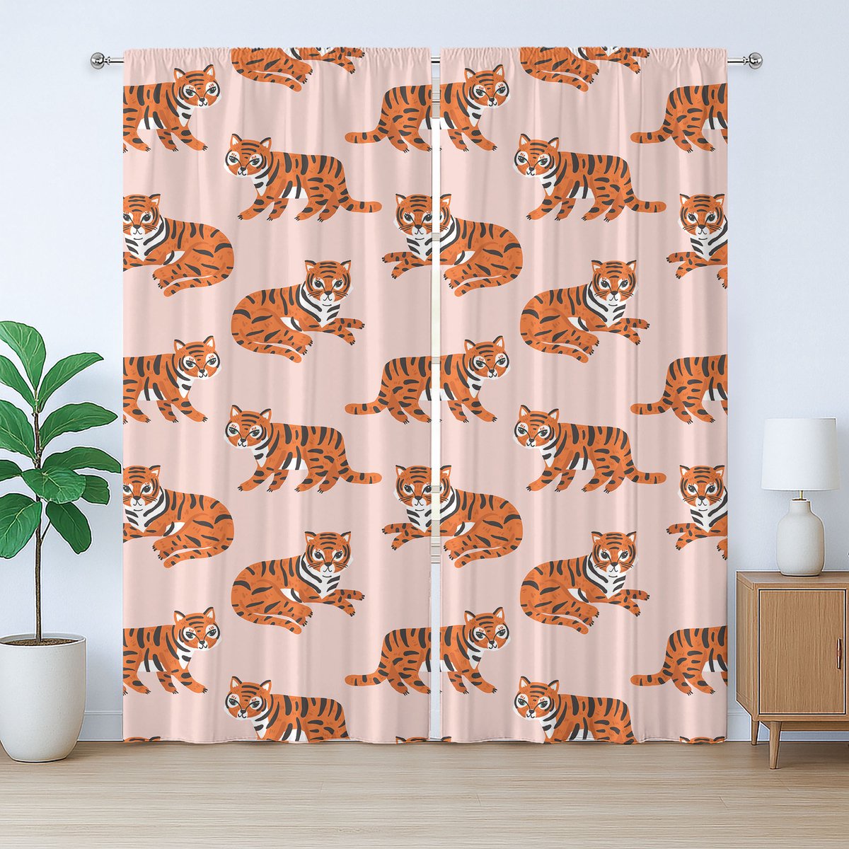 ABAKUHAUS Safari Rustiek Gordijn, Speels Tijgerpatroon, Slaapkamergordijn met Plissébanden, Lusjes en Haken, 280 x 175 cm, Lichtoranje en Donkergrijs