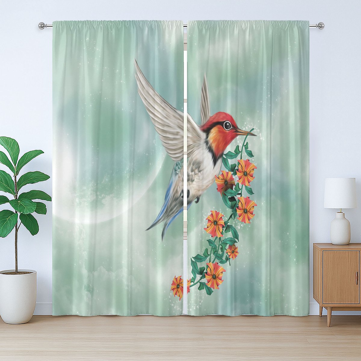 ABAKUHAUS Rustiek dierengordijn, vogel met bloemtak, slaapkamergordijn met lussen en haken, 280 x 245 cm, oranjegroen