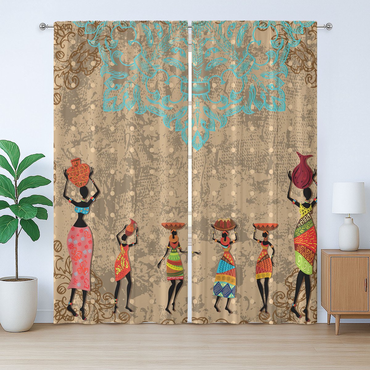 ABAKUHAUS Vintage Rustiek Gordijn, Folkloristisch Boho Afrikaans, Slaapkamergordijn met plooien, lussen en haken, 280 x 225 cm, Zeegroen Cacao