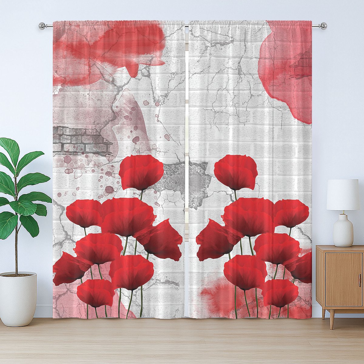 ABAKUHAUS Poppy Rustic Gordijn, Bloeiend Landelijk Veld, Universele Gordijnen met Bandjes en Haakjes voor de Woonkamer, 280 x 245 cm, Kokosgrijs Rood