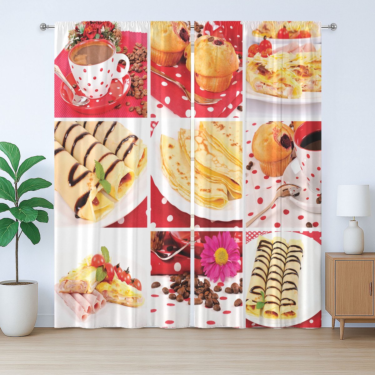 ABAKUHAUS Rustiek Koffiegordijn, Bakkerijcollage Foto, Slaapkamergordijn met Plisséband, Lussen en Haken, 280 x 175 cm, Multicolor