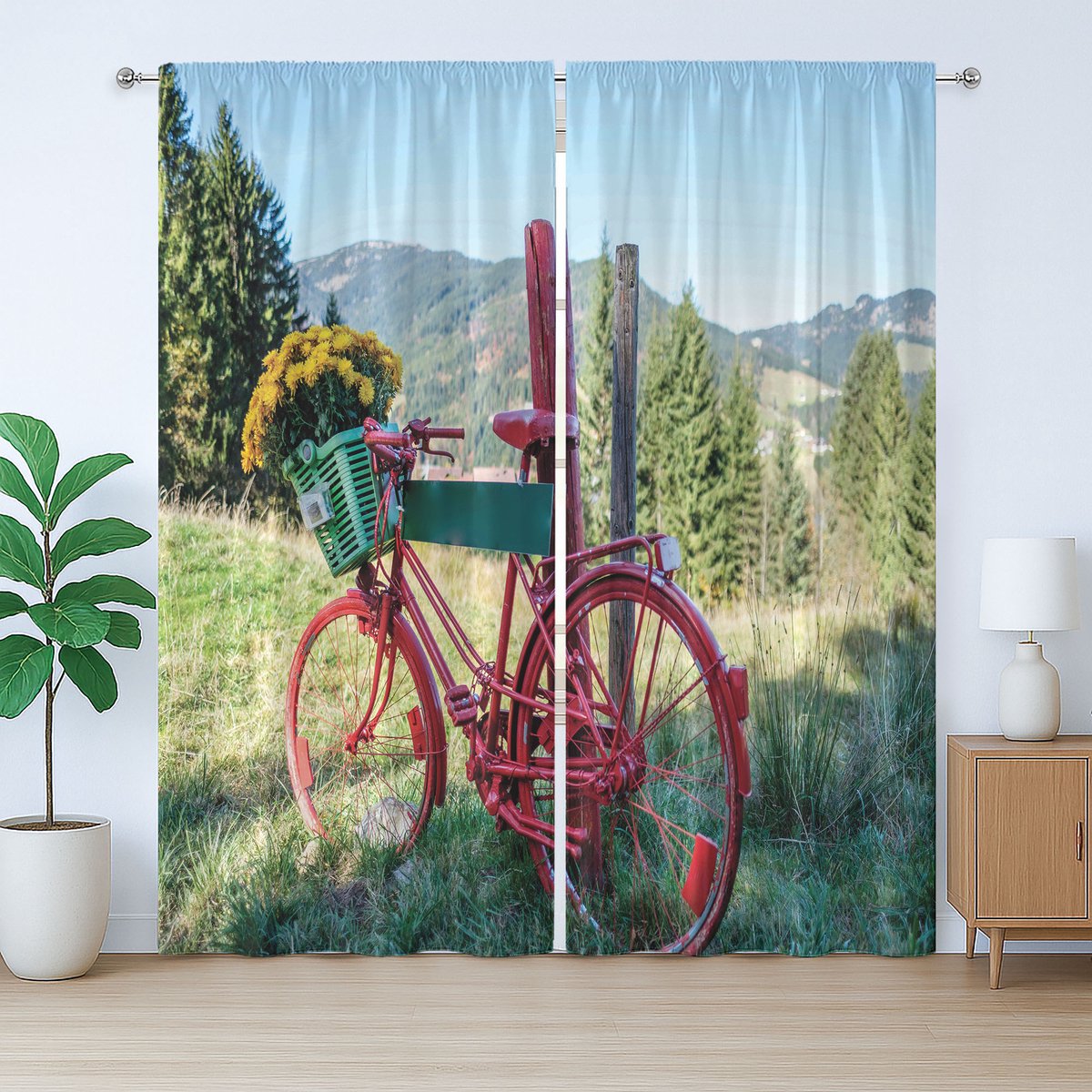 ABAKUHAUS Rustiek fietsgordijn, berglandschap en fietsdesign, slaapkamergordijn met plooiband, lussen en haken, 280 x 175 cm, meerkleurig