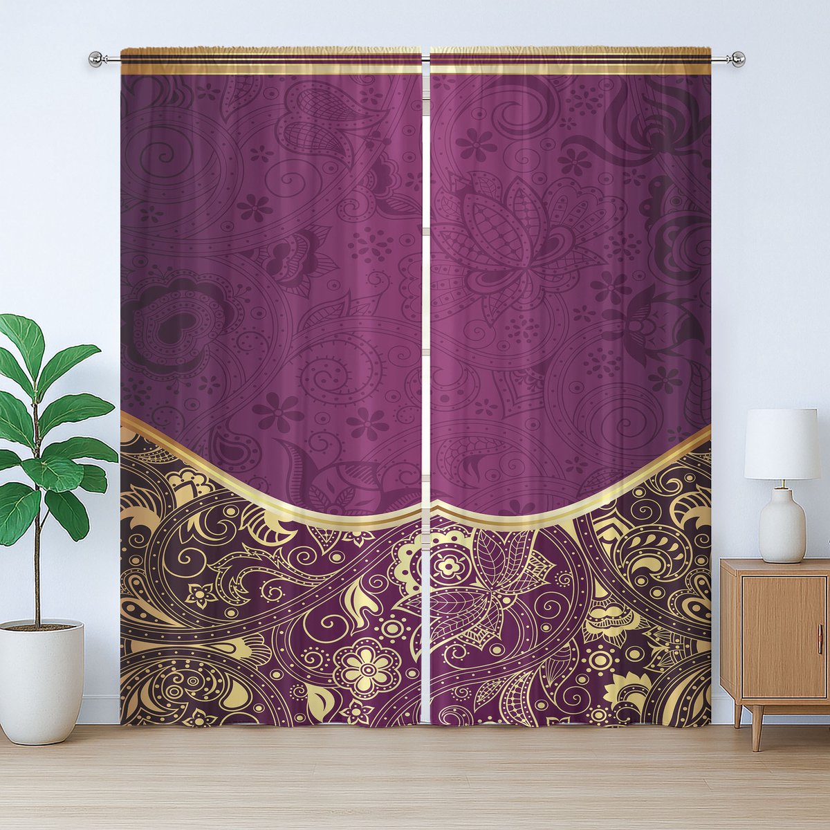 ABAKUHAUS Oriëntaals rustiek gordijn, Oosterse bloemenwerveling, met lussen en haken, 280 x 245 cm, fuchsia, lichtgeel, pruim