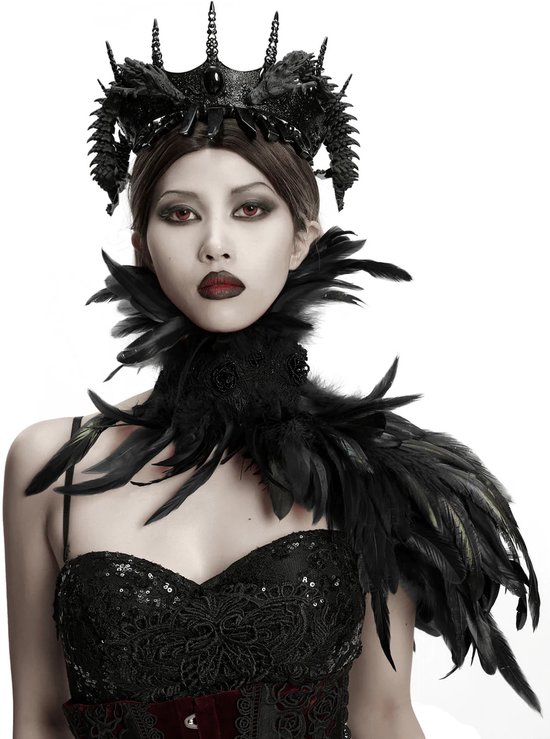 Foto: Luxe veren halsstuk zwart gothic shawl met opstaande kraag burlesque festival accessoire sexy schouderversiering verenkraag choker top kraag kostuum accessoire halloween show burlesque fantasy outfit verenkraag zwart veren top party mode