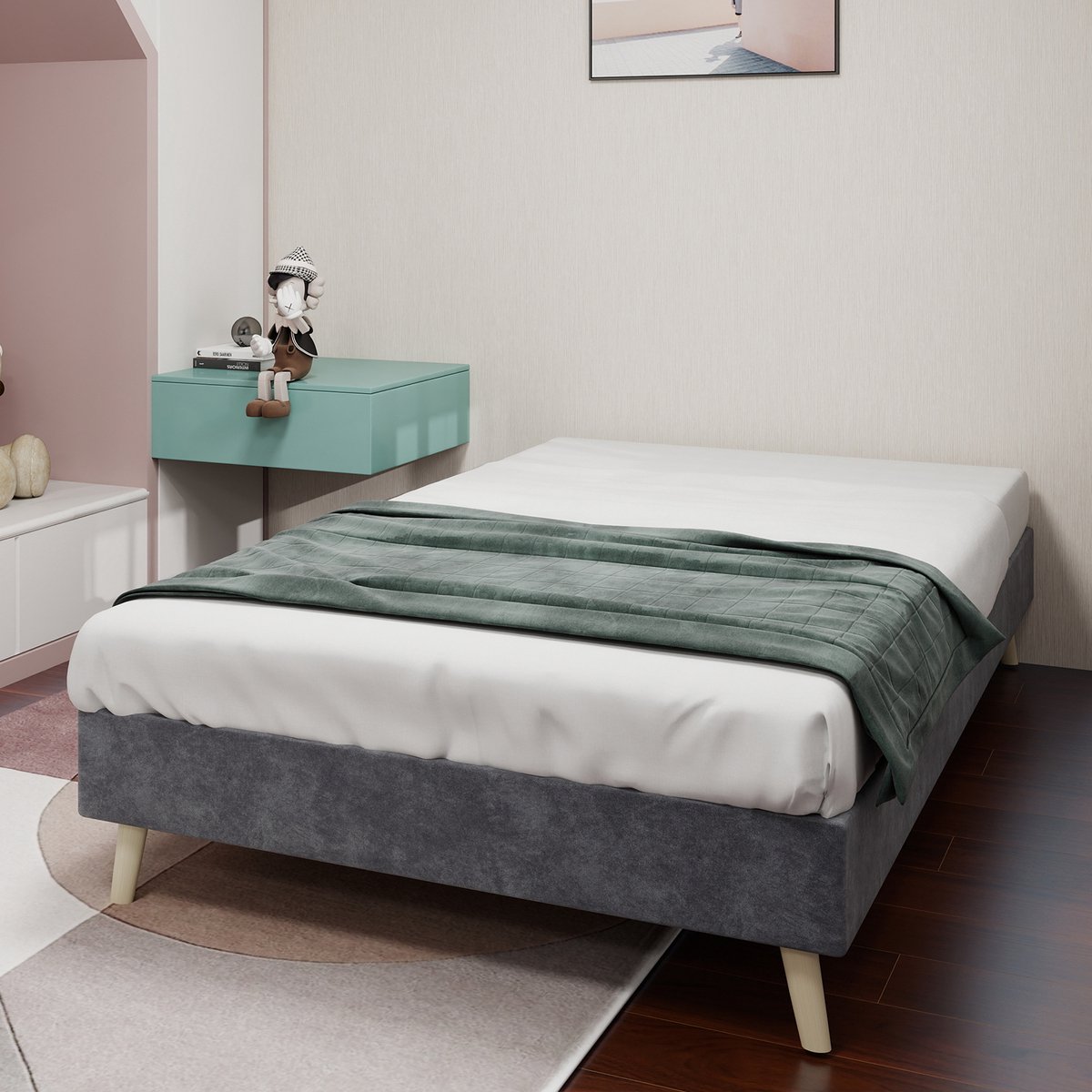 MODFU Bedframe 90x200 cm – Laag platformbed – Zonder hoofdbord – Modern minimalistisch – Grijs