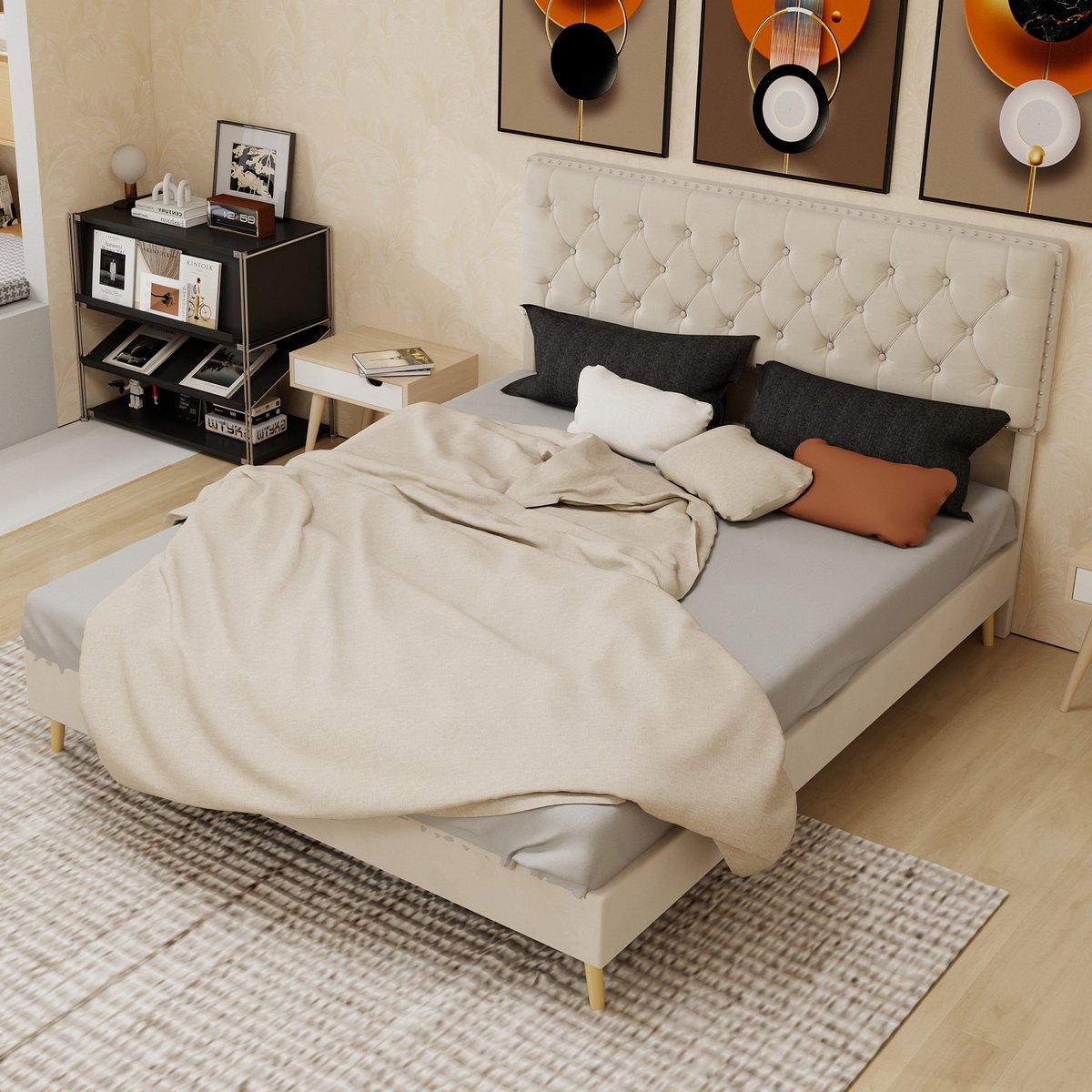 MODFU Bedframe 160x200 cm – Hoog hoofdbord met nagelrand – Opbergruimte onder bed – Beige stof