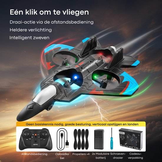 Zwarte straaljager drone met rode en blauwe accenten, vier propellers en LED-verlichting. Inclusief afstandsbediening en accessoires.