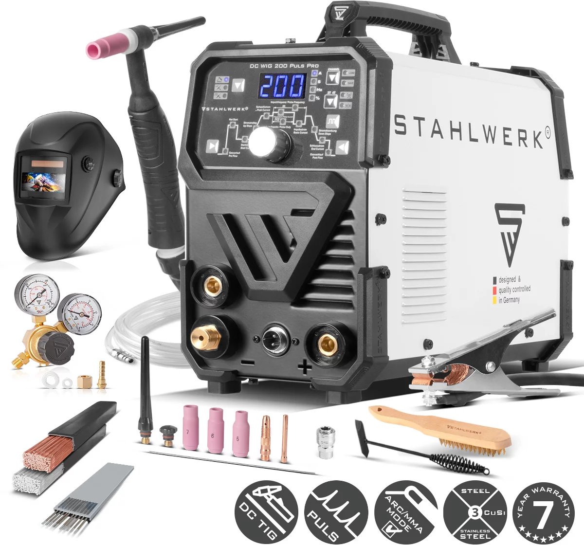 STAHLWERK DC TIG 200 Puls Pro volledig uitgerust - Digitaal professioneel TIG lasapparaat met MMA E-Hand en pulsfunctie, geschikt voor dun plaatwerk