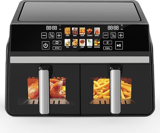 NETTLIFE Dubbele Kamers Heißluftfritteuse 10L (5+5L) - Dual Zone Airfryer met Sichtvenster - SYNC & DUAL Functie - 2200W Touchscreen - 24h Timer & Spülmaschinengeeignet