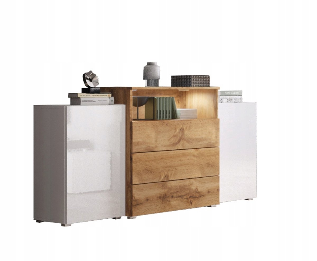 Moderne 150 cm dressoir – mat frame, hoogglans fronten – Eik Wotan / wit hoogglans – 3 laden, 2 zijkasten, open nis, optie LED-verlichting