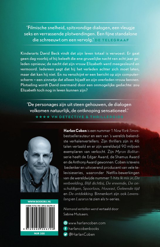 Harlan Coben, auteur van bestsellers. Portretfoto van een man. Boekcover met een pier, bos en water. Tekst: Niemand vertellen. Harlan Coben.