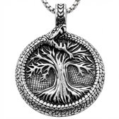 Zilverkleurige ketting met levensboom en slang hanger voor heren – Viking stijl – ronde symboolhanger – schakelketting