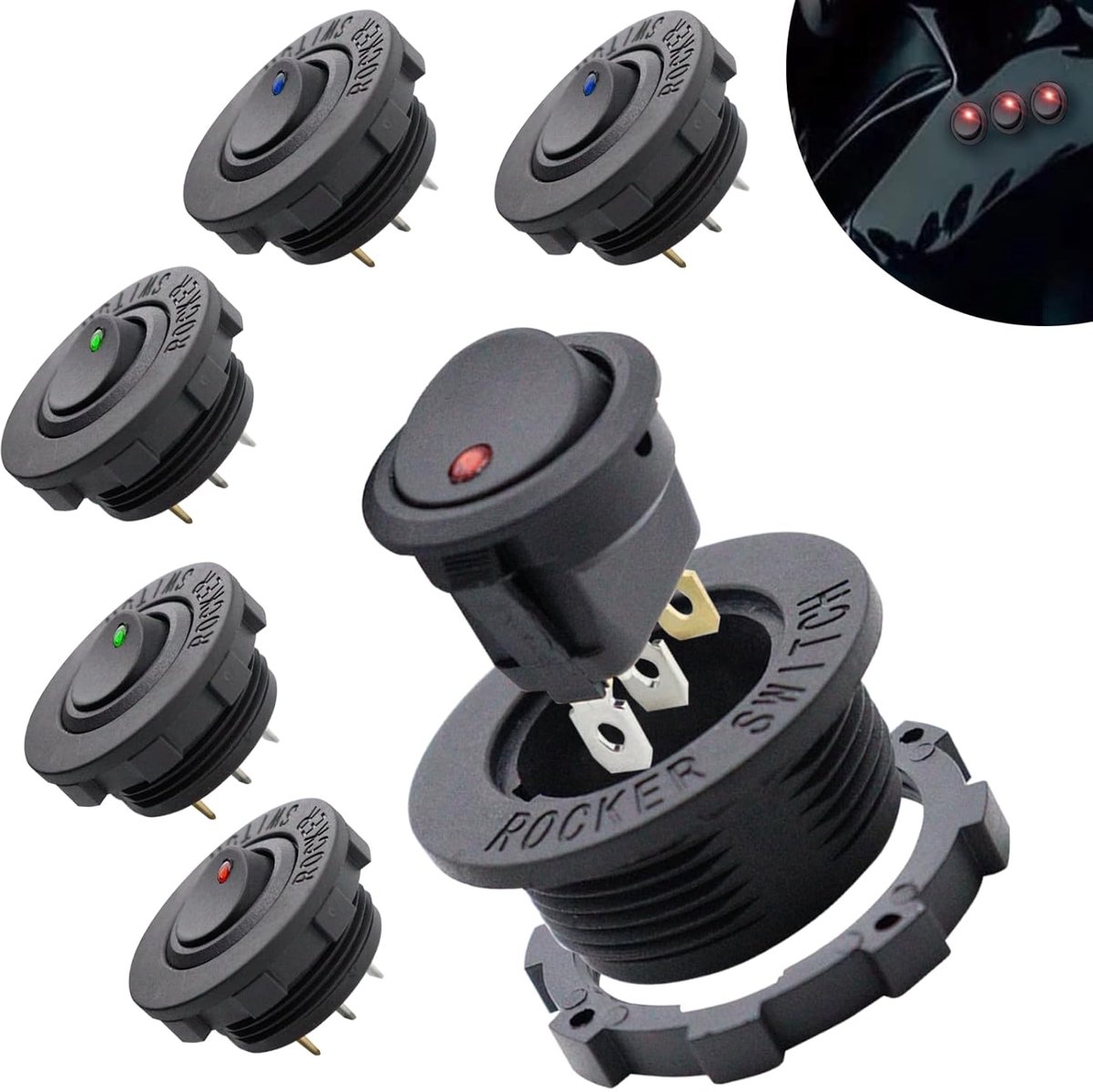 Tuimelschakelaar - Rockerschakelaar - 6 Stuks - LSKF-004 - 20 A/12 V - 3-pins met LED-indicator