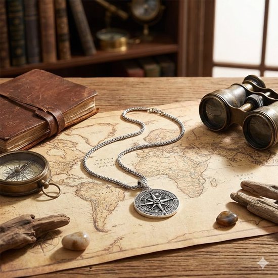 Zilverkleurige schakelketting met kompas hanger op een oude wereldkaart.