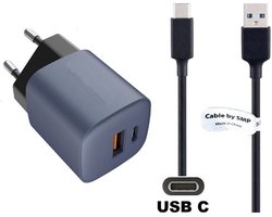 OneOne 33W snellader met 2 poorten + 2,2m sterke USB C kabel. GAN lader. PD PPS oplader adapter past op Universeel Apple iPhone / iPad, Anker (Soundcore), Archos, Bose, Corsair, JBL, Stratus, iGPSPORT