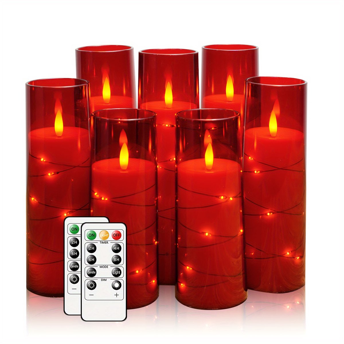 Led kaarsen-Ledkaarsen met afstandsbediening-7 delige LED Vlamloze Kaarsen Sterrenslinger met Timer-Acryl LED Pilaarkaarsen met Flikkerend Effect-(ROOD).