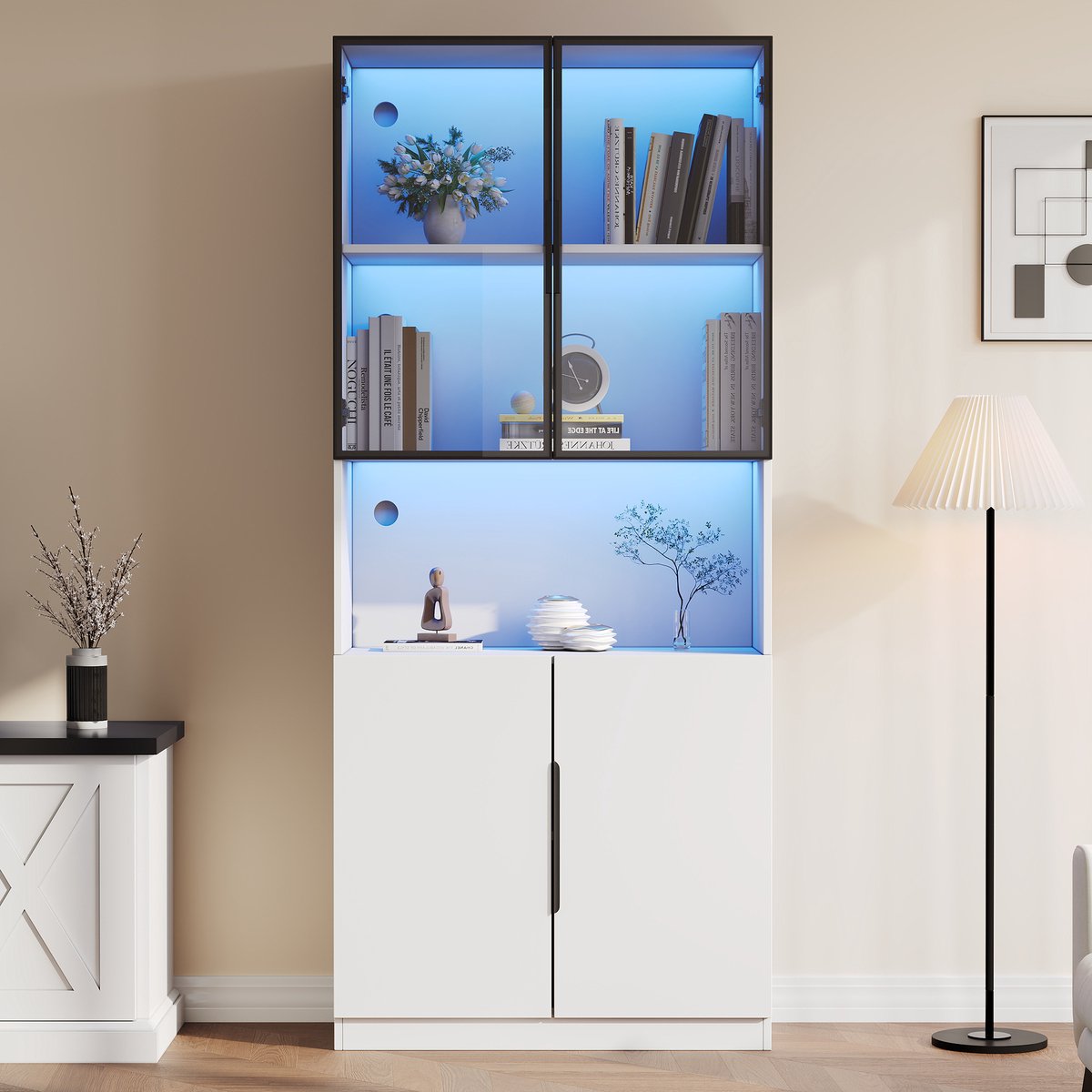 FloraGrace Vitrinekast - Met Ledverlichting En Glasdeuren - Modern Minimalistisch Voor Woonkamer En Hal - Spaanplaat - Wit - 80x30x200 Cm
