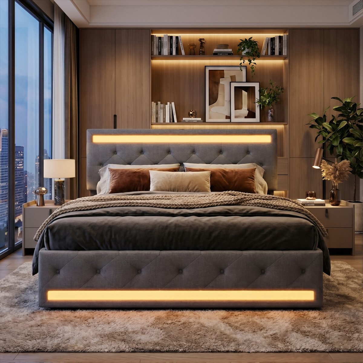 ADFBL Bed met Opbergruimte 160x200 Donkergrijs - Linnen Bedframe met 4 Metalen Lades, Dual-Zone LED & USB-C