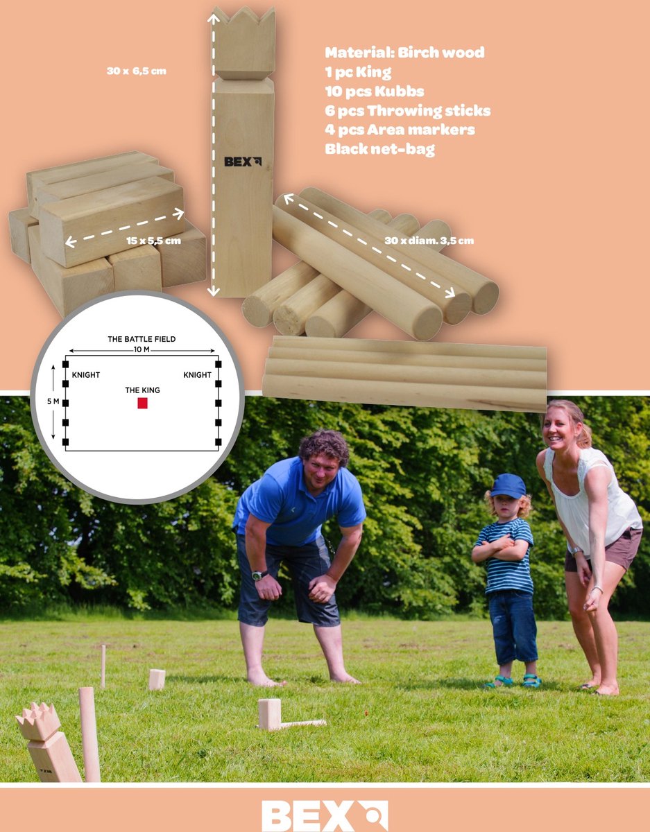 Bex Kubb Family – Zweeds Vikingschaak – Duurzaam Buitenspel – FSC Berkenhout – Koning Met Houtkleurige Kroon – Vanaf 8 Jaar – Inclusief Opbergnet Met Trekkoord — afbeelding 5
