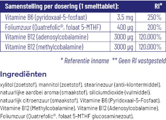 Gedetailleerd etiket met ingrediënten en samenstelling per dosering van 1 smelttablet.