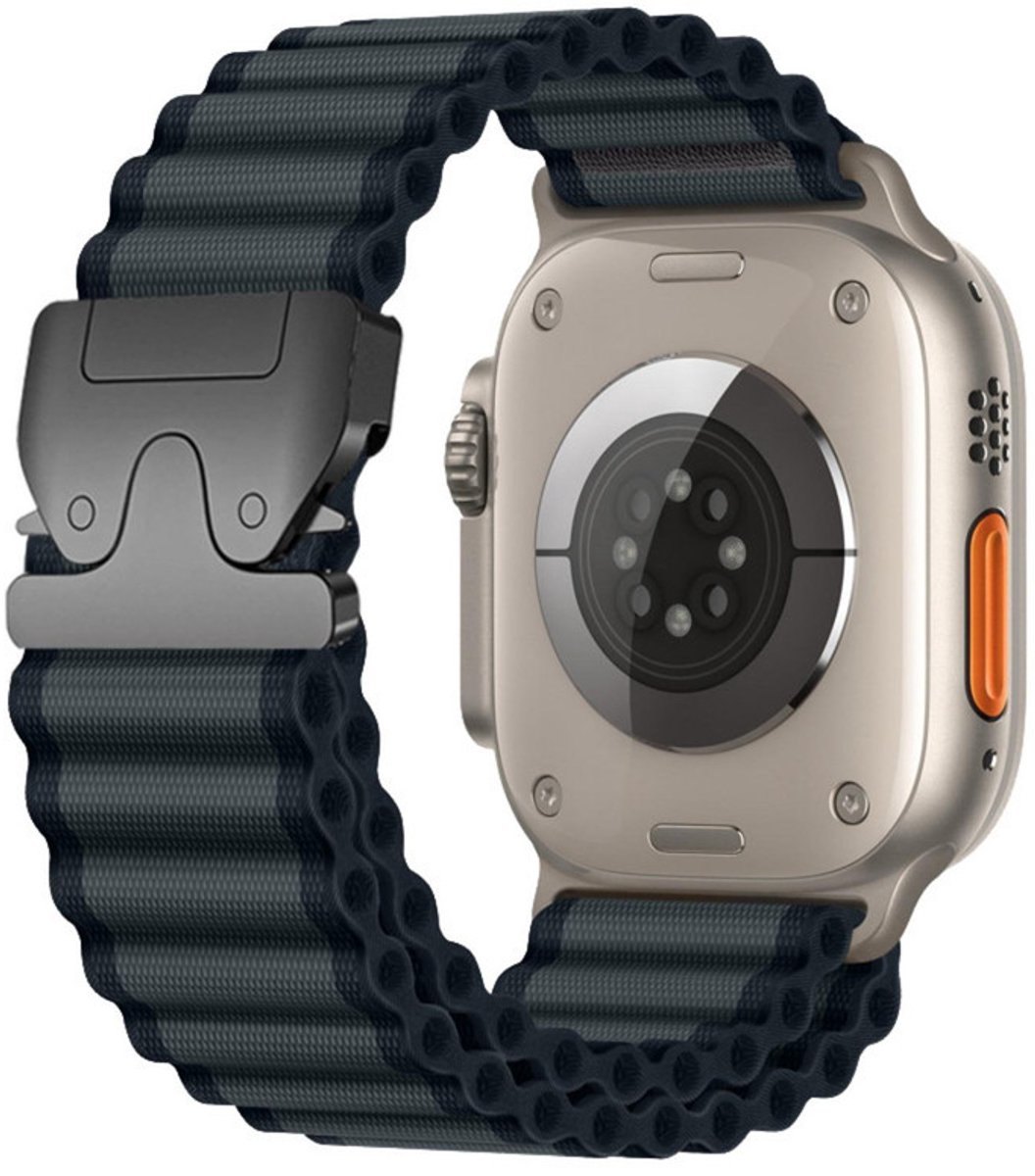 Nylon bandje - geschikt voor Apple Watch series 1/2/3/4/5/6/7/8/9/10/11/ SE (1,2,3) / Ultra (1,2,3) met maat 44 mm / 45 mm / 46 mm / 49 mm - ocean stijl met parachute gesp - zwart