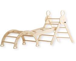 Buxibo Mini Klimrek – Houten Klimrek met Klimboog & Klimhelling met Glijbaan – Montessori Speelgym voor Binnen – 176x47x82 cm – Naturel