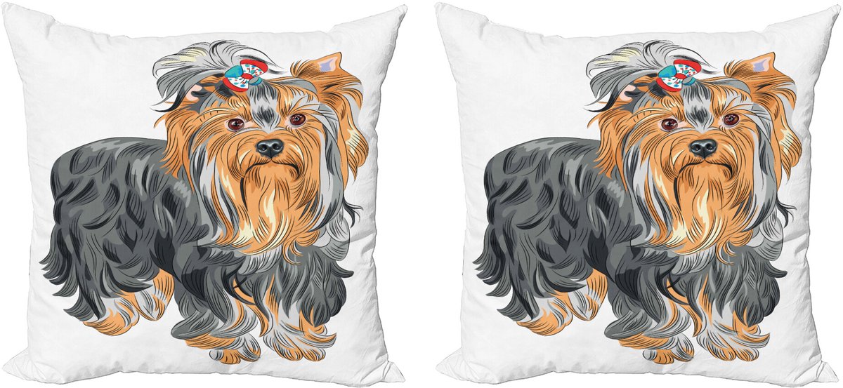 ABAKUHAUS Yorkie Decoratieve Kussenhoes, Set van 2, Terrier met Strik, 40x40 cm, Abrikoosgrijs