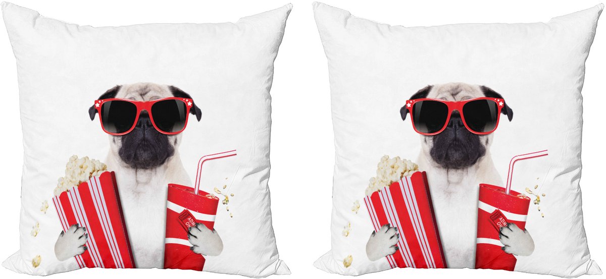 ABAKUHAUS Sierkussenhoes met mopshondje, set van 2, Hond in de bioscoop, 50x50 cm, Crème, Rood, Zwart