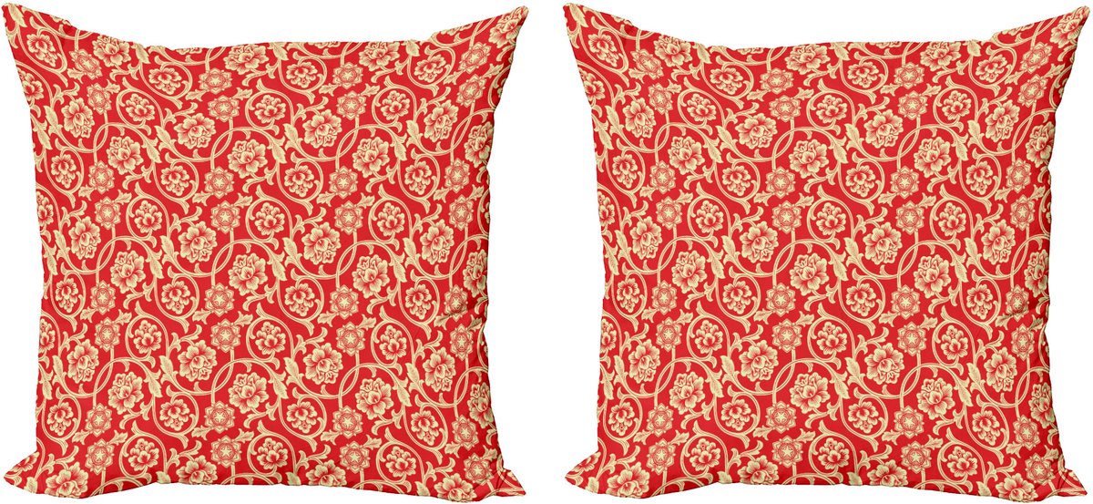 ABAKUHAUS Chinese kussensloopset (2 stuks), Chinese bloemen en krull 40 cm, vermiljoenbeige