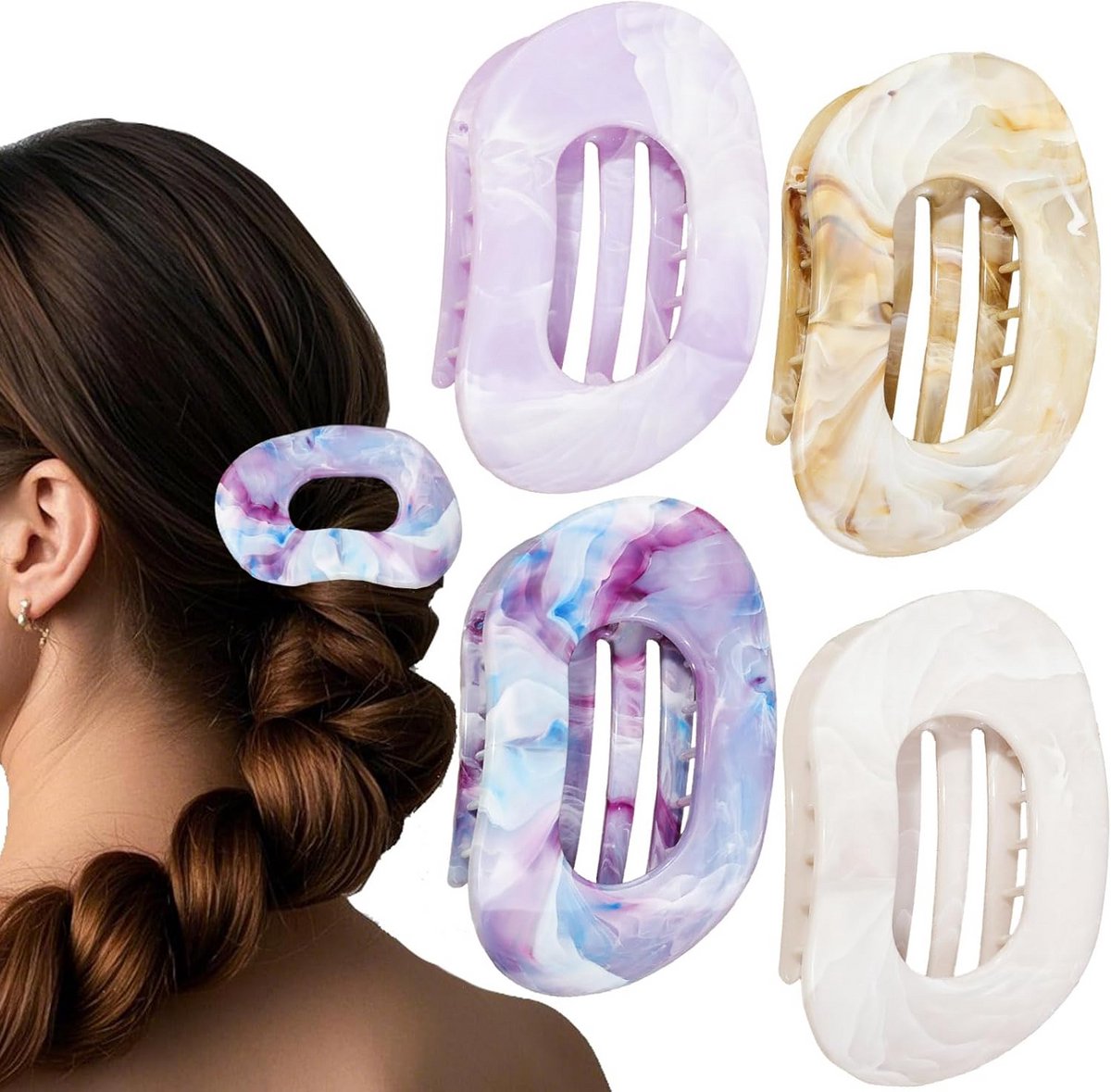 Set van 4 Platte Haarclips met Marmerprint - Sterke Antislip Grip voor Dik en Fijn Haar