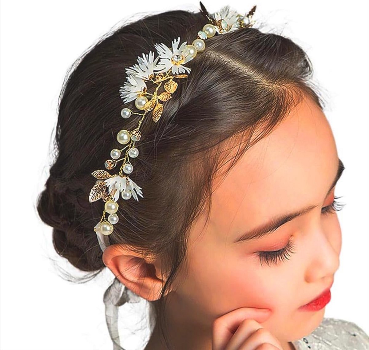 Bloemenmeisje Hoofdband met Gouden Bloem en Parel voor Bruiloft en Communie