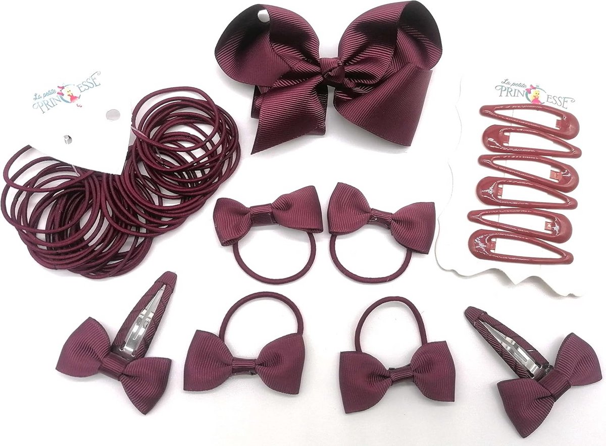 Set van 35 Haaraccessoires: Strikjes, Bubbles, Haarspeldjes en Elastiekjes - Bordeauxrood