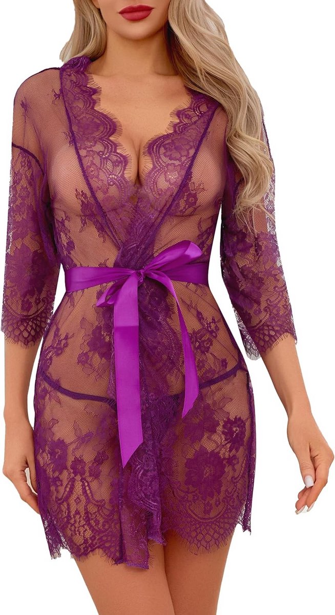 Doorzichtige kanten kimono badjas met riem voor dames