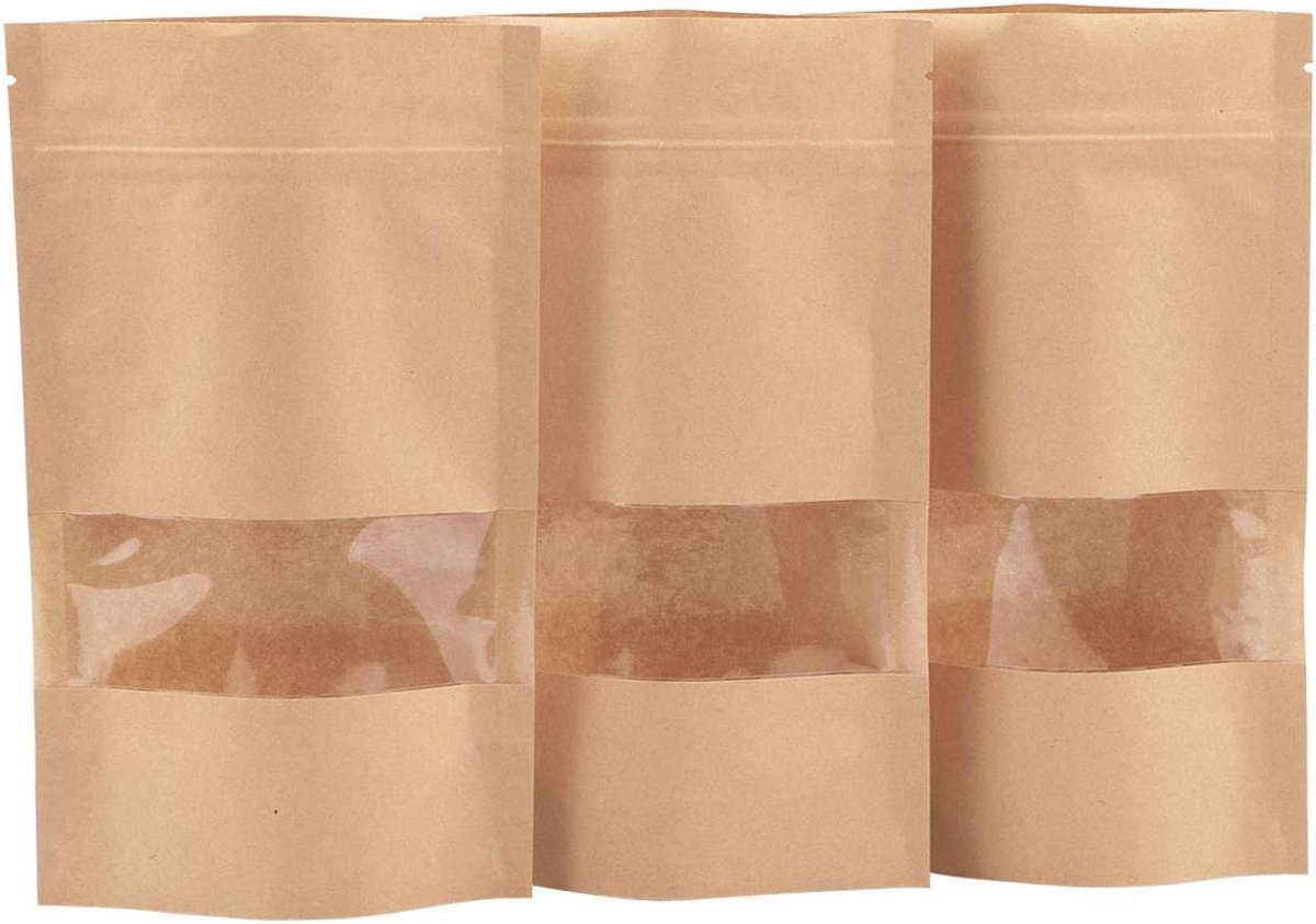 50x Hersluitbare Kraft Papieren Zakjes met Venster - Stevige Ziplock Opslagzakken