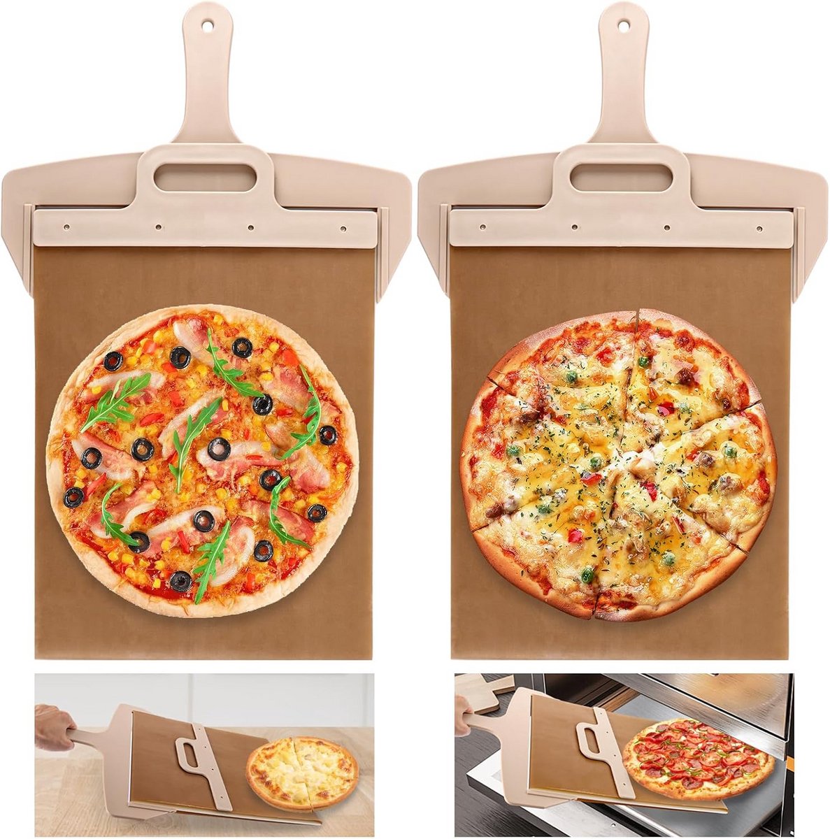 2x Schuifbare Pizzaschuiver met Handvat voor Oven en Bakgerei, Houtkleur