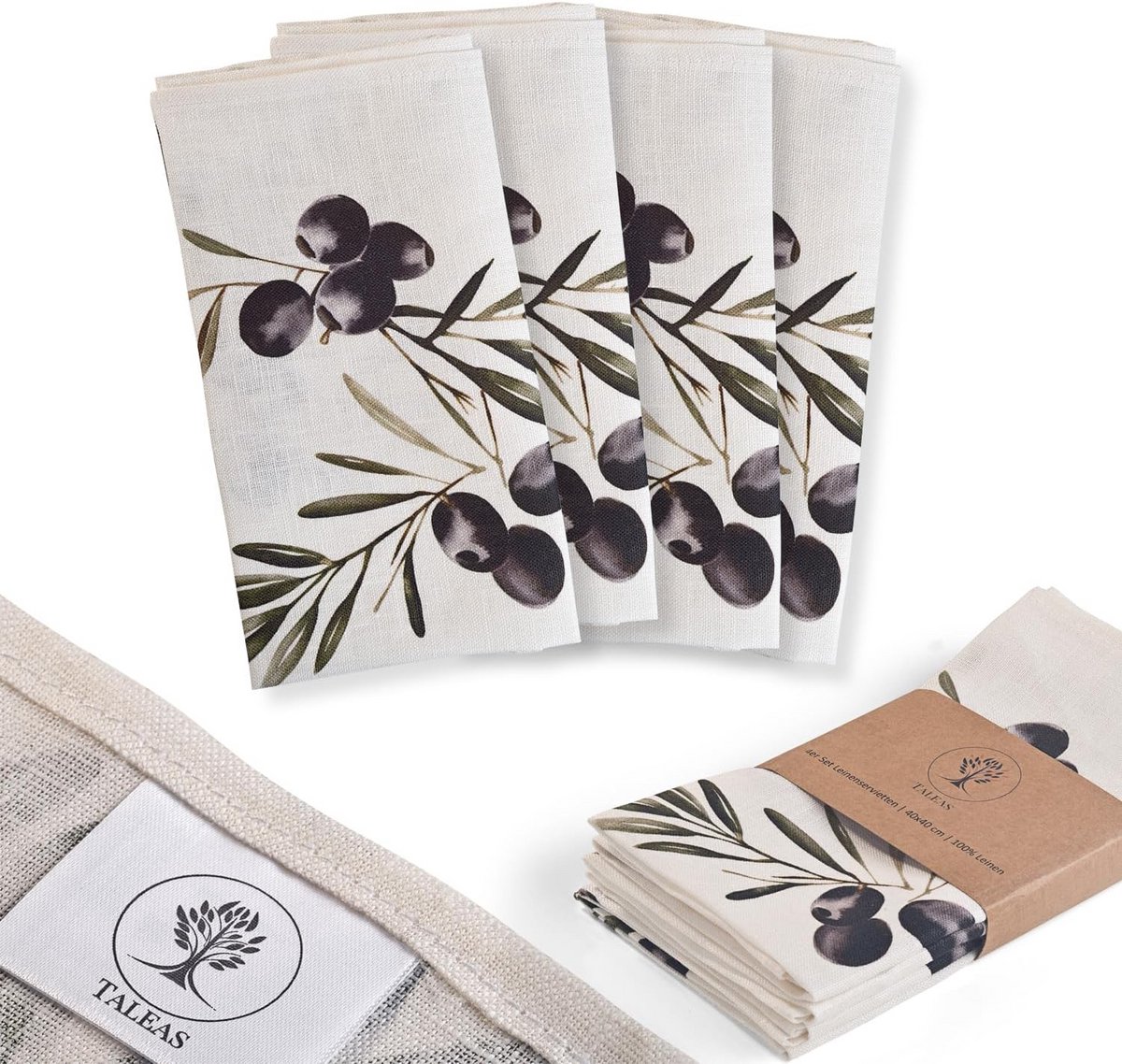 Set van 4 Linnen Servetten met Olijfpatroon, 100% Linnen, 40x40 cm