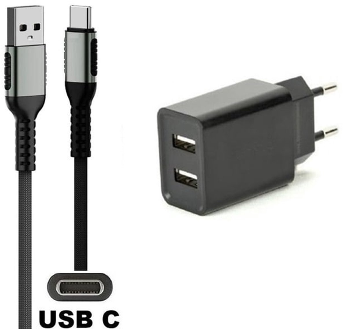 OneOne 2.1A lader met 2 poorten + 0,25m sterke USB C kabel. Oplader adapter past op Samsung Galaxy M07, F07, M17, F17, Z TriFold, Tab A11 / A11+, Tab S11 / S11 Ultra, Tab S5e, Tab S6, Tab S7, Tab S8