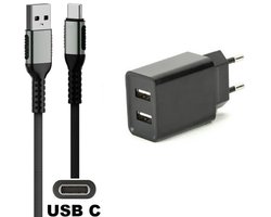 OneOne 2.1A lader met 2 poorten + 0,25m sterke USB C kabel. Oplader adapter past op Samsung Galaxy M07, F07, M17, F17, Z TriFold, Tab A11 / A11+, Tab S11 / S11 Ultra, Tab S5e, Tab S6, Tab S7, Tab S8