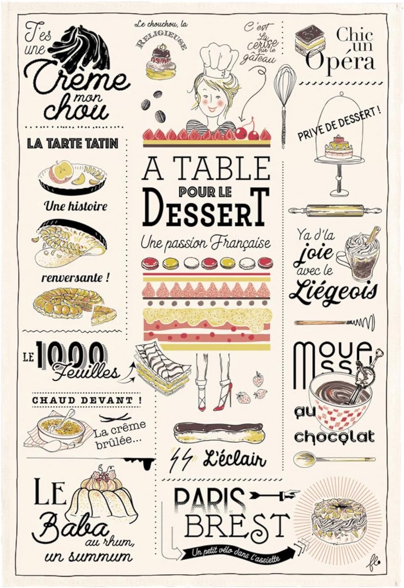 Theedoek met Franse Dessert Print Katoen 48x72 cm Ecru