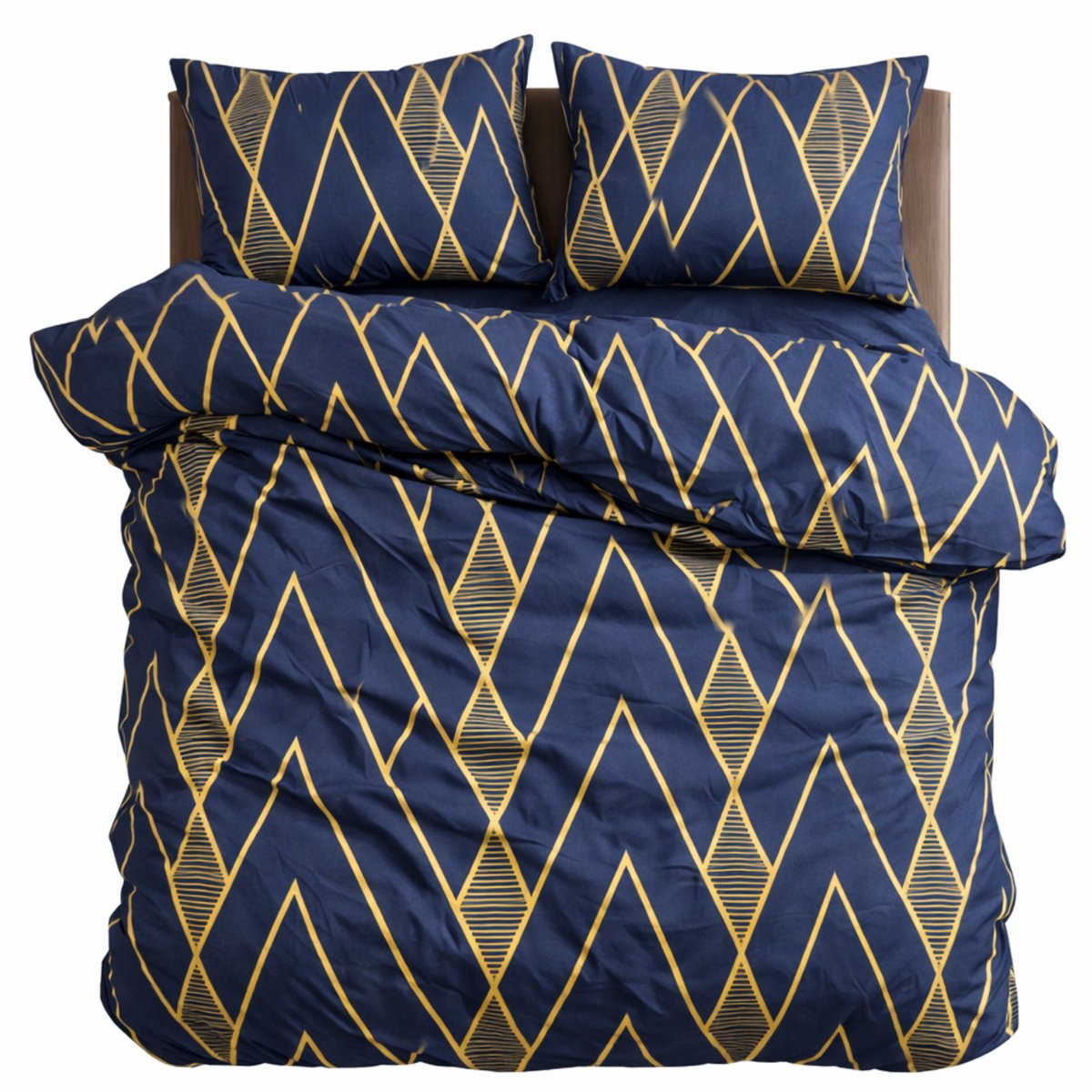 Happynest - Dekbedovertrek -Tweepersoons - 200x220 cm – Met 2 Kussenslopen - 60*70 cm - Blauw Goud Geometrisch