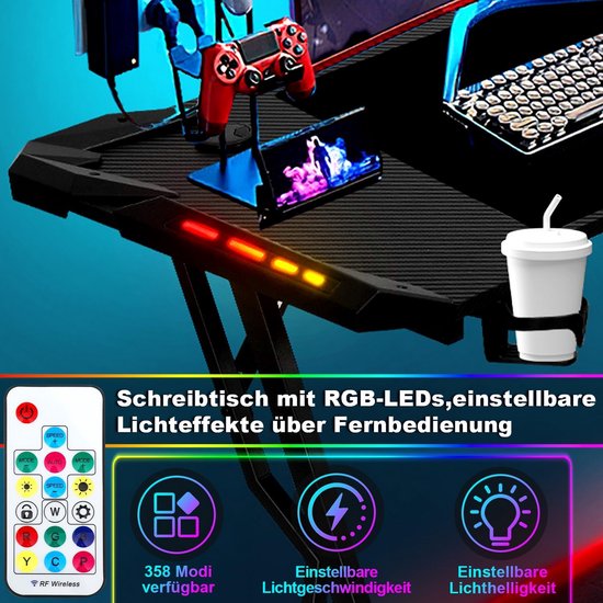Ergonomisch Gaming Bureau Z-Vorm 140x60 cm met LED Verlichting en Grote Muismat — afbeelding 5