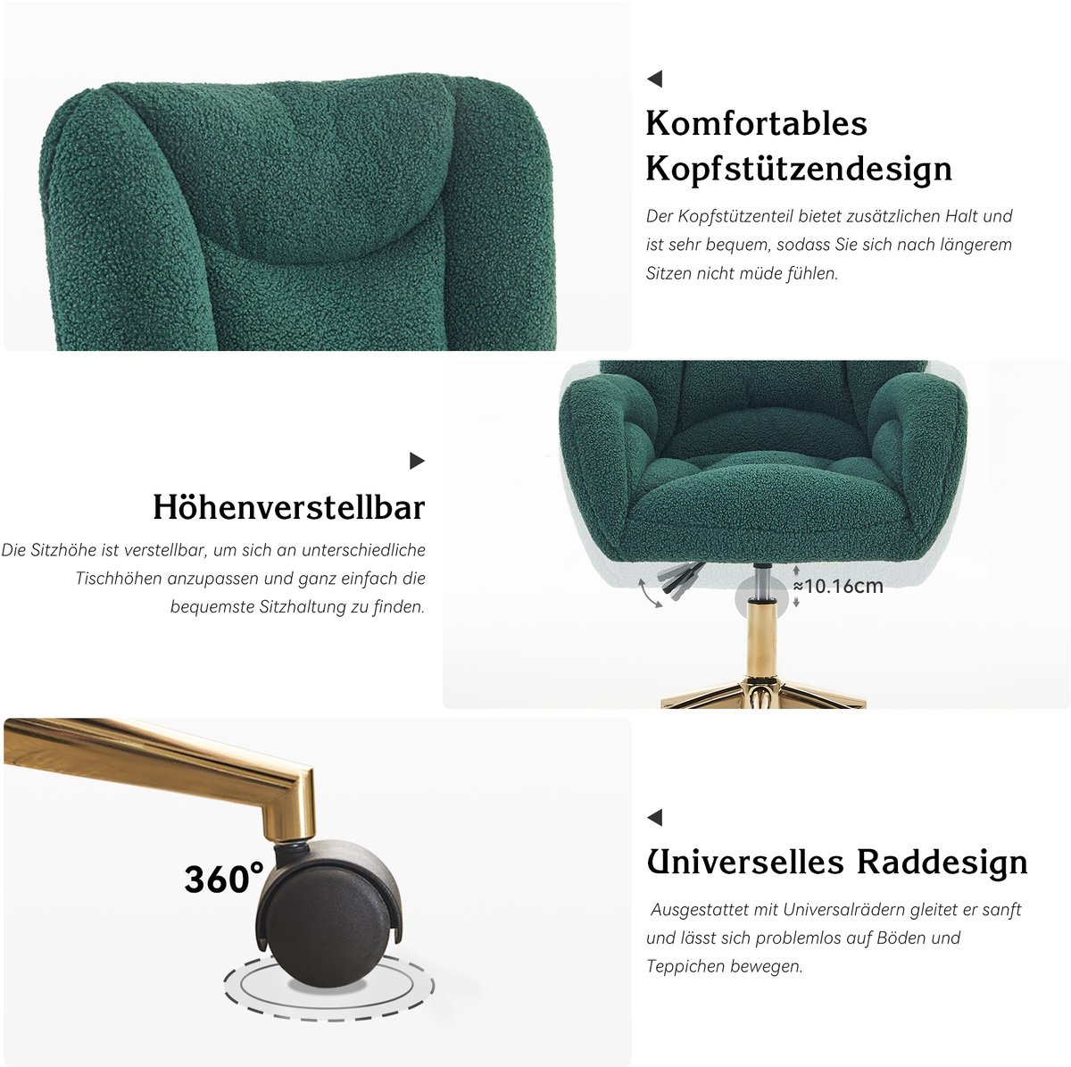 HAUSS SPOLE Stoel – Teddy Draaistoel – Verstelbare Bureaustoel – 360° Wielen & Hoogte – Ergonomisch Schuim – Voor Thuiswerk En Kantoor – Groen Met Gouden Basis – foto 5