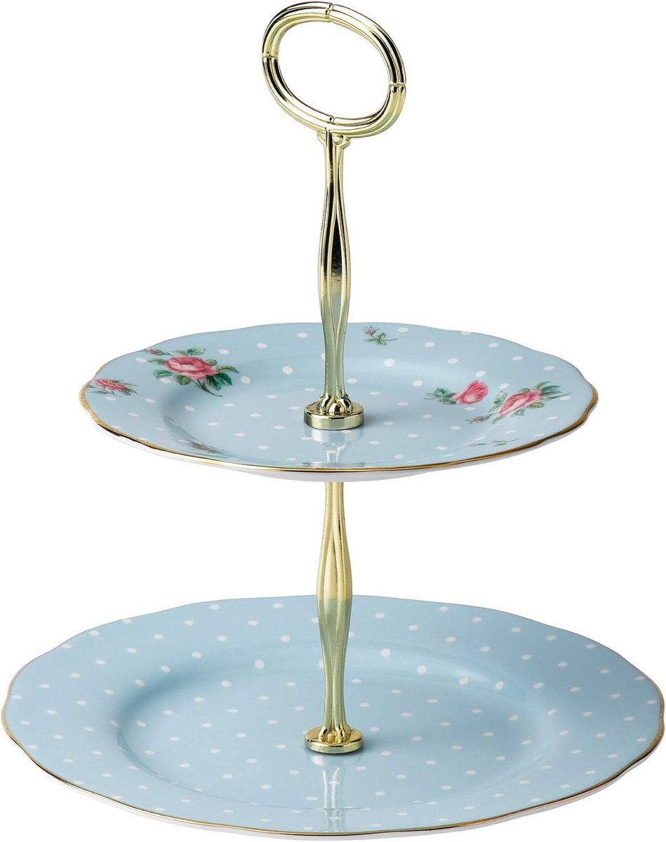 Luxe 2-laags Taartstandaard FSC - Vintage Blauw Design met Gouden Rand