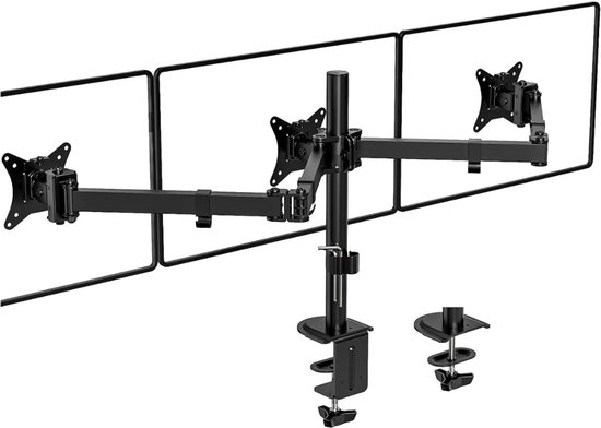 Quvo® Monitorarm 3 schermen - Muurbeugel - Triple Beeldschermarm Voor 17-27 inch - Muurbeugel Monitor - Monitorbeugels - Monitorbeugel 3 schermen – 7kg/ Per Arm - Zwart - 43cm x 24cm x 14cm
