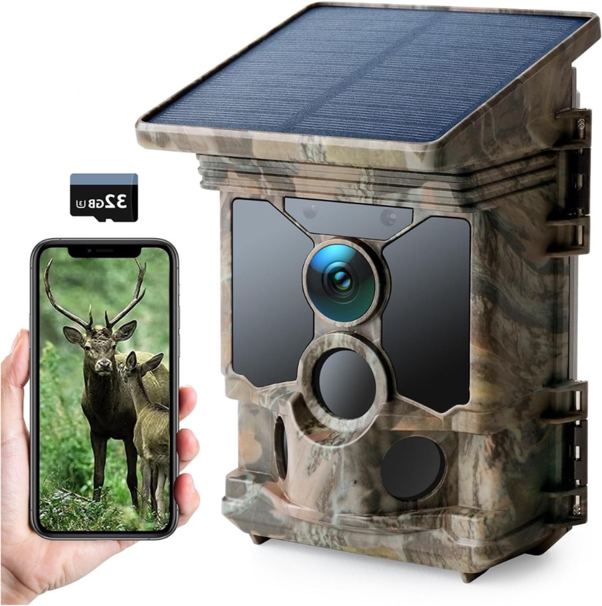 Quvo® Wildcamera met Nachtzicht en Wifi – Buitencamera met sd Kaart 32 gb- Wildcamera – Zonne-Energie – Nachtcamera Buiten Dieren - IP66 Waterdicht – Wildlife Camera’s – Infraroodcamera – Nachtcamera Wild Camera - Camouflage - 15cm x 11cm x 10cm
