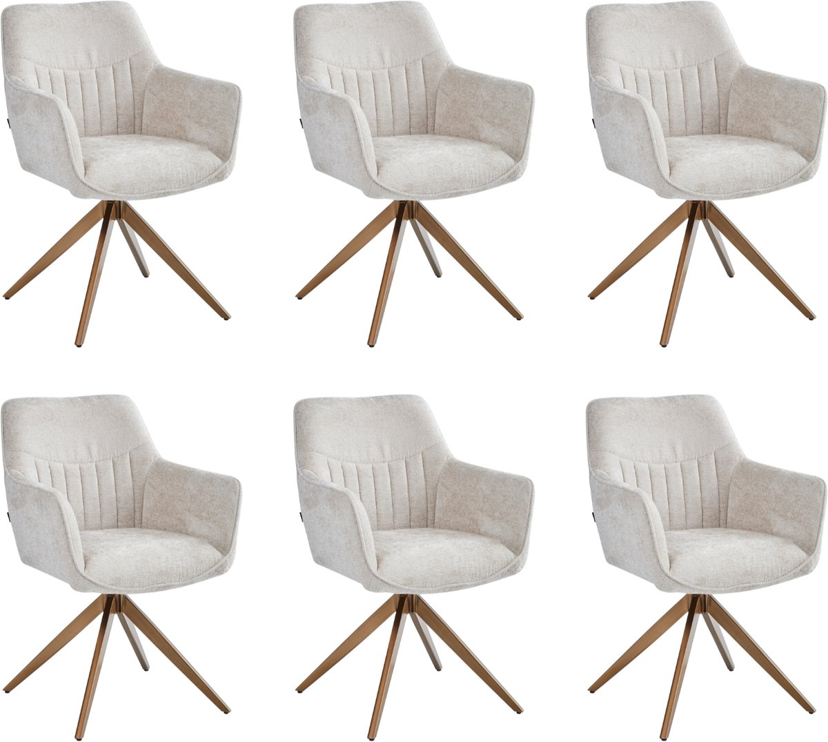Colenis New Yade Eetkamerstoelen - Set van 6 - Beige - Chenille Stof - 180° Draaistoelen - Geborsteld Goud Poten - Gestoffeerde zitting